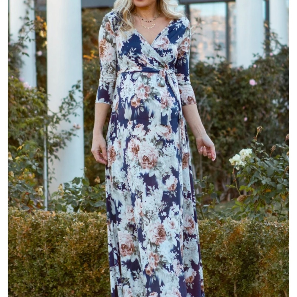 PinkBlush Navy Floral Sash Tie Maternity Maxi